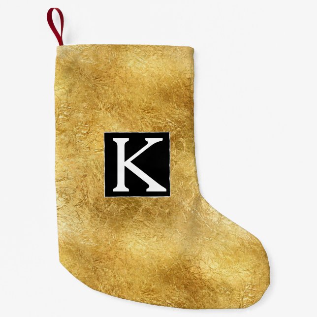 Gold Glam Black White Monogram Small Christmas Stocking (Front)