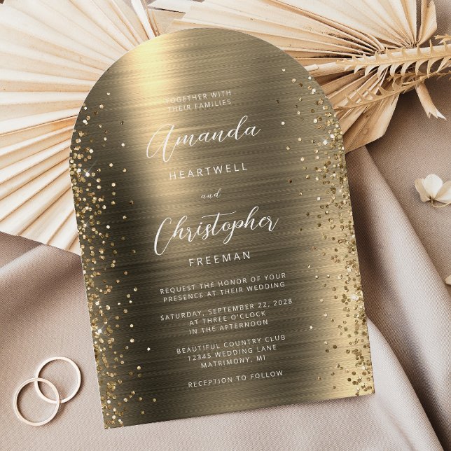 Gold Glam Brushed Metal Glitter Arch Wedding Invitation (Creator Uploaded)