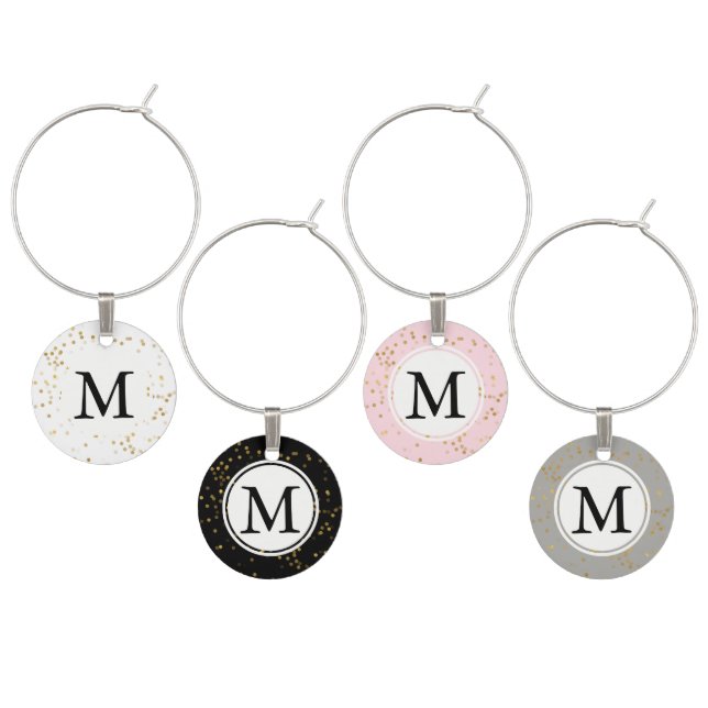 Gold Glam Confetti Dots Monogram Wine Glass Charm (Staggered)