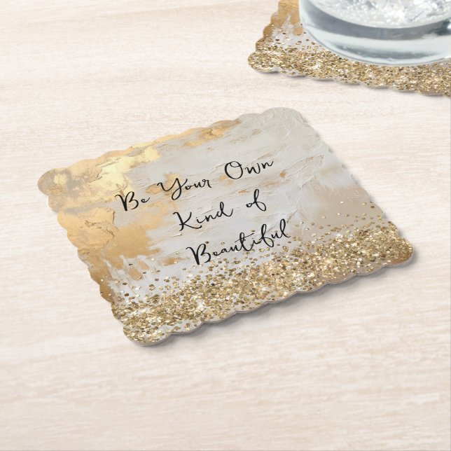 Gold Glam Cream White Glitter Confetti Paper Coaster (Angled)