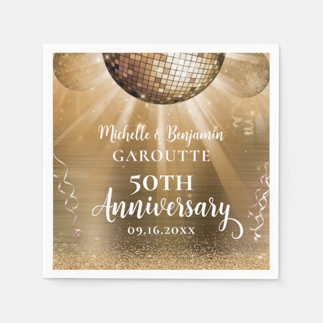Gold Glam Disco Ball 50th Wedding Anniversary Napkins (Front)