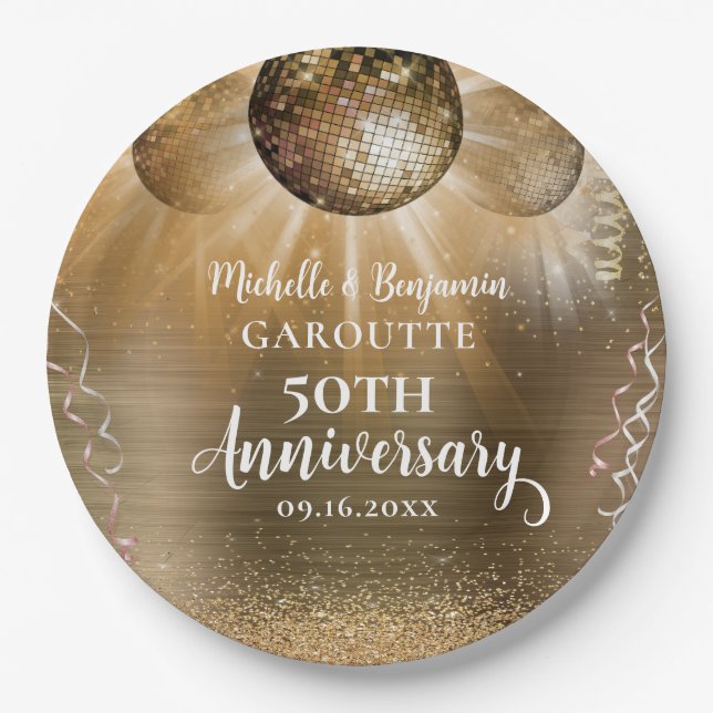 Gold Glam Disco Ball 50th Wedding Anniversary Paper Plates (Front)