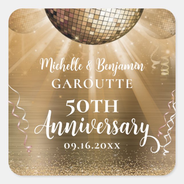Gold Glam Disco Ball 50th Wedding Anniversary Square Sticker (Front)