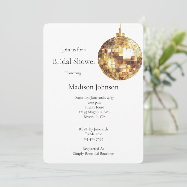 Gold Glam Disco Ball Bridal Shower Invitation (Standing Front)