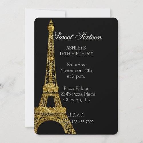 Gold Glam Eiffel Tower Sweet Sixteen Invitation