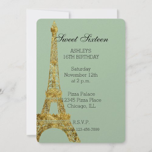 Gold Glam Eiffel Tower Sweet Sixteen Invitation