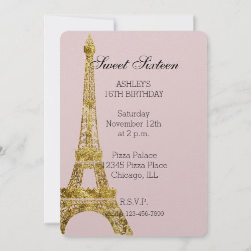 Gold Glam Eiffel Tower Sweet Sixteen Invitation