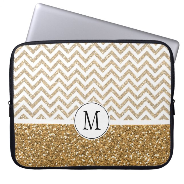 Gold Glam Faux Glitter Chevron Laptop Sleeve (Front)