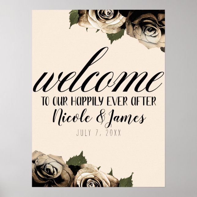 Gold Glam Floral Roses Elegant Ivory Chic Wedding Poster (Front)