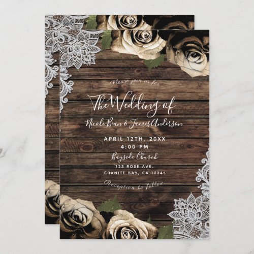 Gold Glam Floral Roses Rustic Wood Lace Wedding Invitation