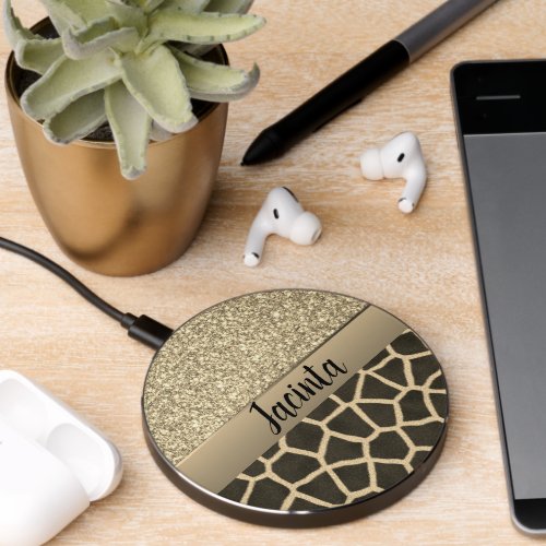 Gold Glam Giraffe Print Wireless Charger