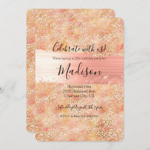 Gold Glam Girly Peach Pink Blush Leopard Print Invitation