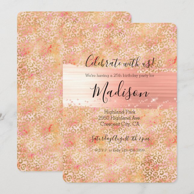Gold Glam Girly Peach Pink Blush Leopard Print Invitation (Front/Back)