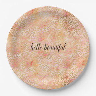 Gold Glam Girly Peach Pink Blush Leopard Print Paper Plates