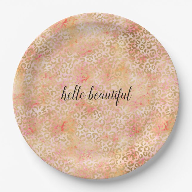 Gold Glam Girly Peach Pink Blush Leopard Print Paper Plates (Front)