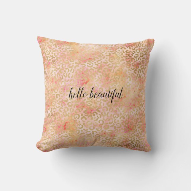 Gold Glam Girly Peach Pink Blush Leopard Print Throw Pillow (Front)