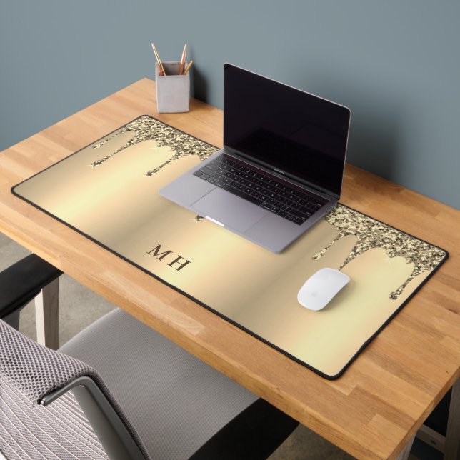 Gold Glam Girly Sparkles Luxury Monogram Desk Mat (Office 2)