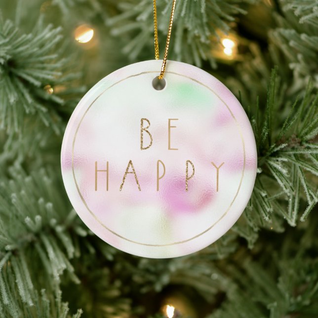 Gold Glam Glitter Be Happy Mint Pink Tie Dye Ceramic Ornament (Tree)