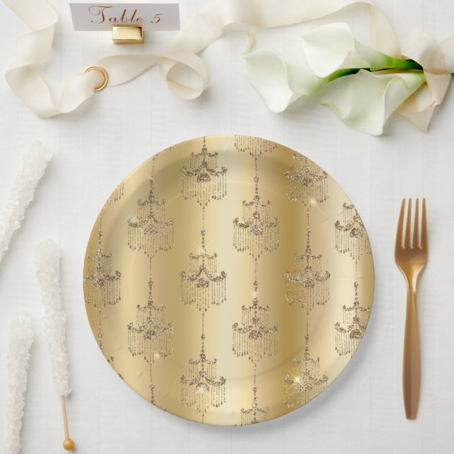 Gold Glam Glitter Chandeliers Paper Plates (Wedding)