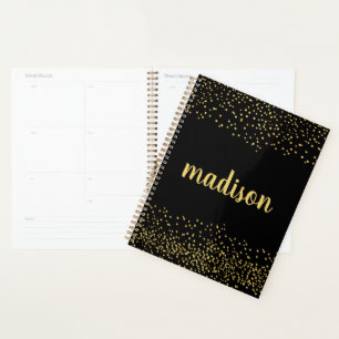 Gold Glam Glitter Confetti Personalized Black Planner