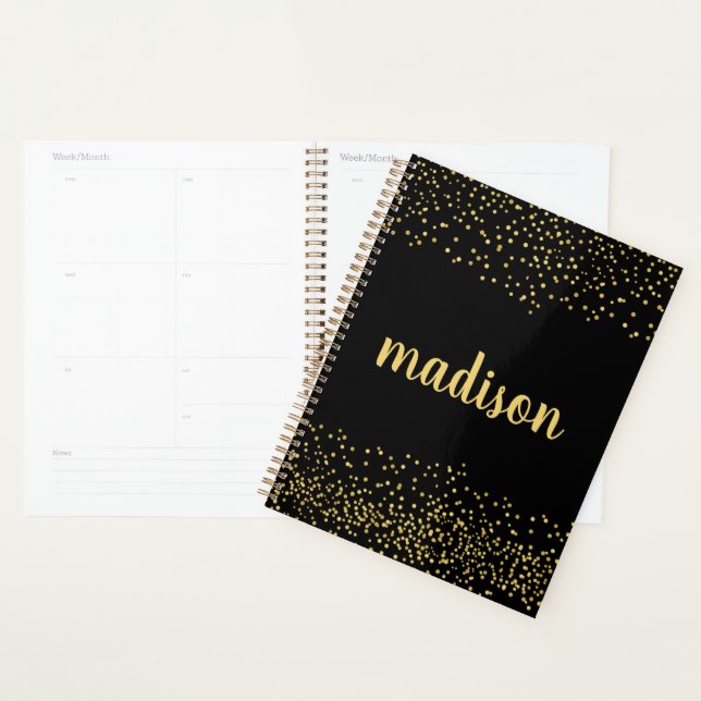 Gold Glam Glitter Confetti | Personalized Black Planner (Display)