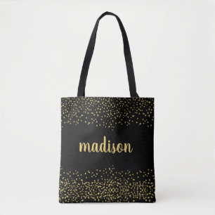 Gold Glam Glitter Confetti Personalized Black Tote Bag