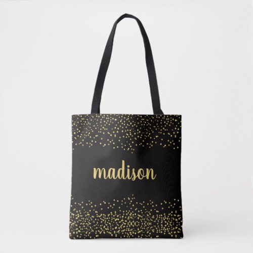 Gold Glam Glitter Confetti  Personalized Black Tote Bag