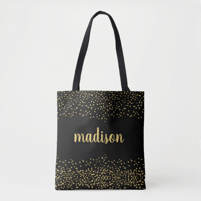 Gold Glam Glitter Confetti | Personalized Black Tote Bag (Front)