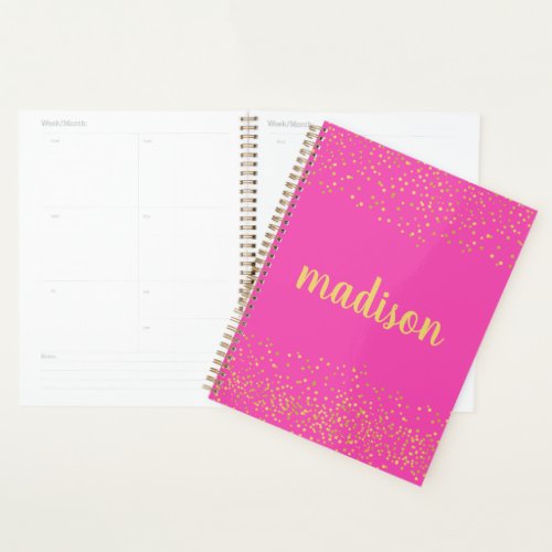 Gold Glam Glitter Confetti  Personalized Hot Pink Planner