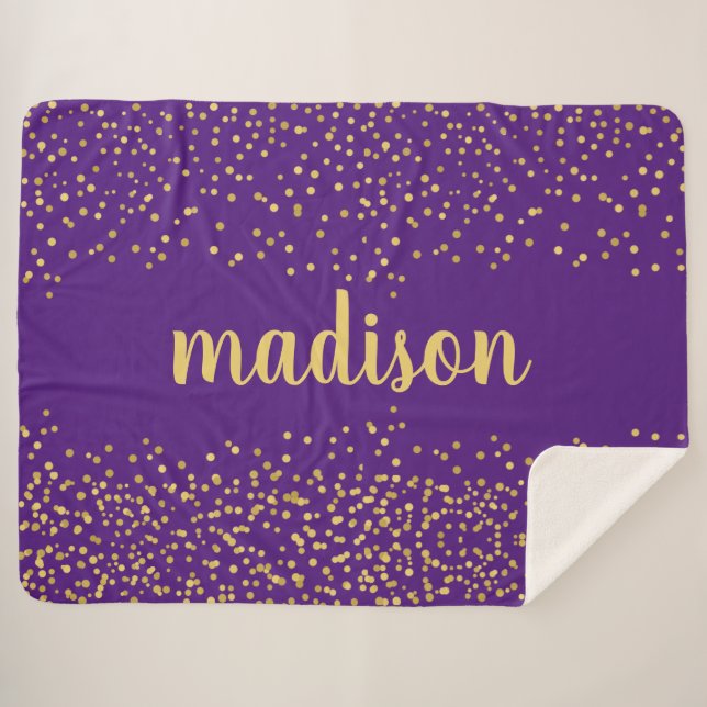 Gold Glam Glitter Confetti | Personalized Purple Sherpa Blanket (Front (Horizontal))