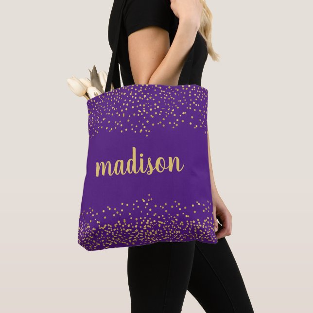 Gold Glam Glitter Confetti | Personalized Purple Tote Bag (Close Up)