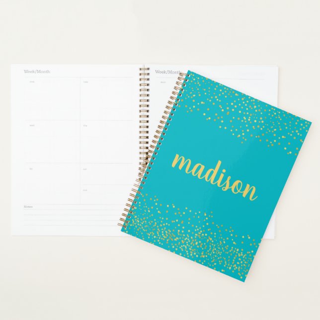 Gold Glam Glitter Confetti | Personalized Teal Planner (Display)