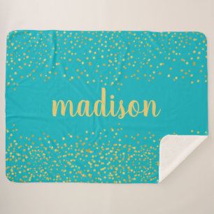 Gold Glam Glitter Confetti Personalized Teal Sherpa Blanket