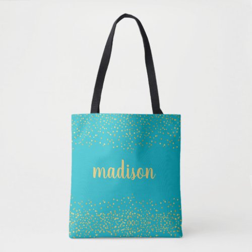Gold Glam Glitter Confetti  Personalized Teal Tote Bag