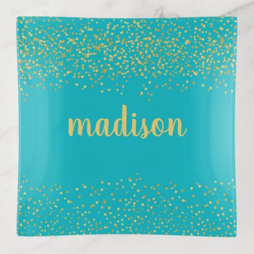 Gold Glam Glitter Confetti  Personalized Teal Trinket Tray