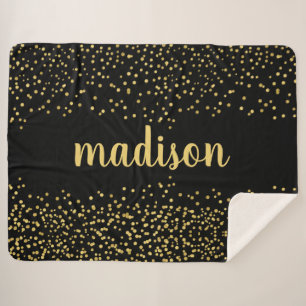 Gold Glam Glitter Confetti Your Name on Black Sherpa Blanket