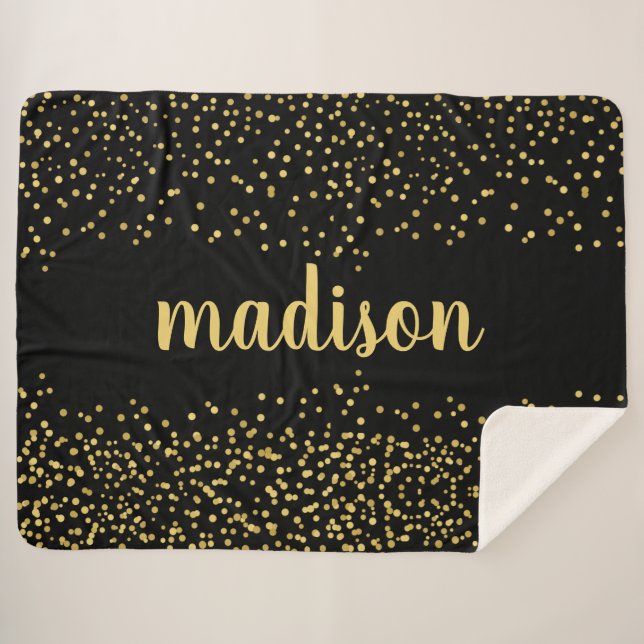 Gold Glam Glitter Confetti | Your Name on Black Sherpa Blanket (Front (Horizontal))