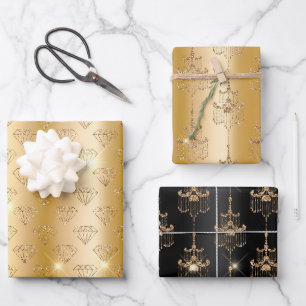Gold Glam Glitter Diamonds & Chandeliers Wrapping Paper Sheets