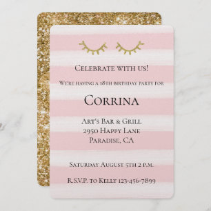 Gold Glam Glitter Eyelashes Stripes Birthday Invitation