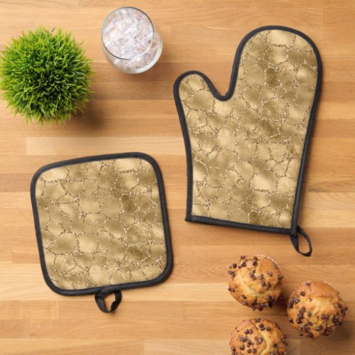 Gold Glam Glitter Giraffe Print     Oven Mitt  Pot Holder Set