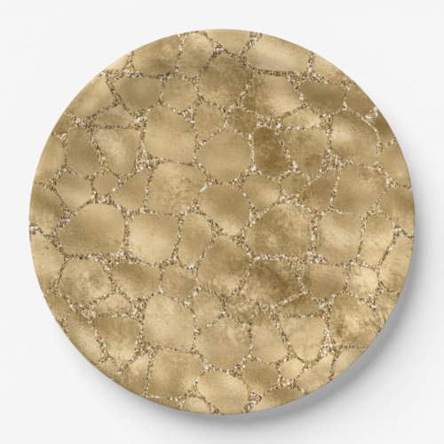 Gold Glam Glitter Giraffe Print   Paper Plates