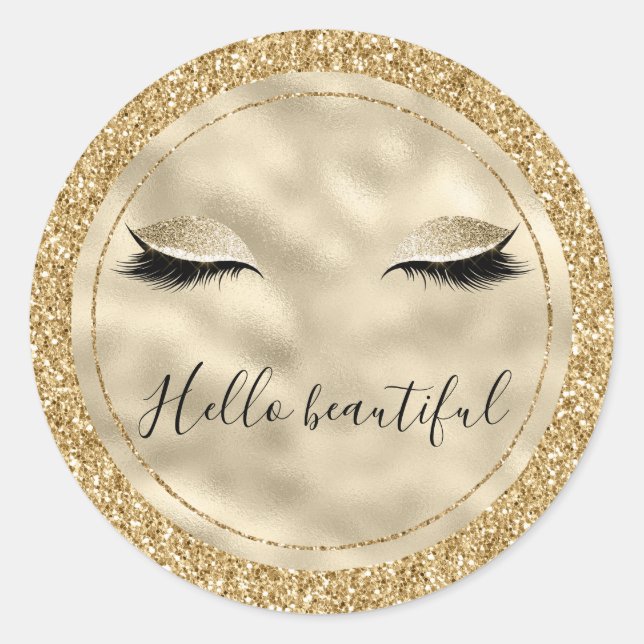 Gold Glam Glitter Girly Eyelashes personalized Classic Round Sticker (Front)