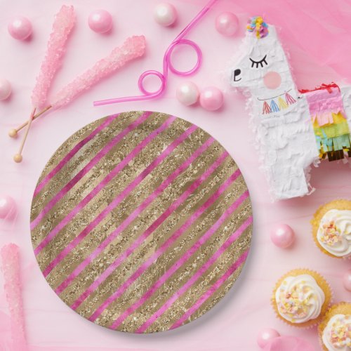 Gold Glam Glitter Girly Pink Stripes Paper Plates