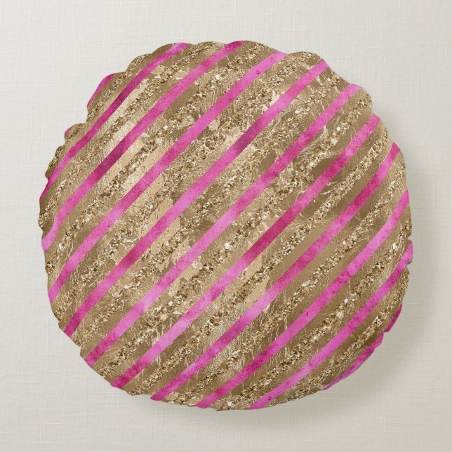 Gold Glam Glitter Girly Pink Stripes Round Pillow (Front)