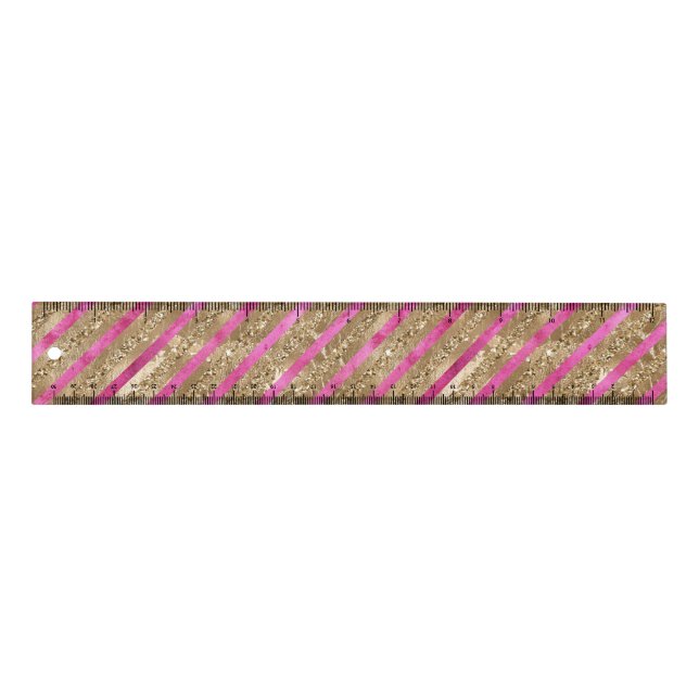 Gold Glam Glitter Girly Pink Stripes Ruler (Front)