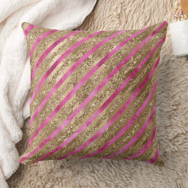 Gold Glam Glitter Girly Pink Stripes Throw Pillow (Blanket)