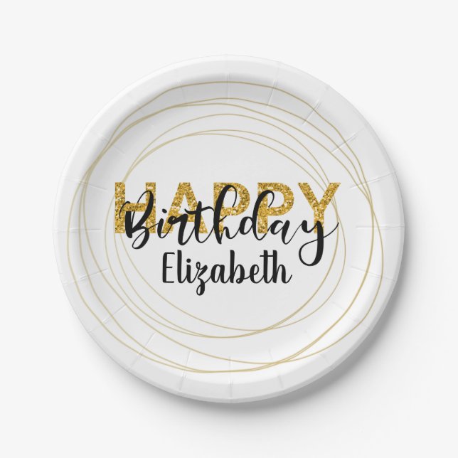 Gold Glam Glitter Happy Birthday Personalized Paper Plates (Front)