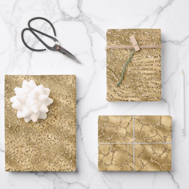 Gold Glam Glitter Leopard Giraffe Zebra Animal Wrapping Paper Sheets (Front)