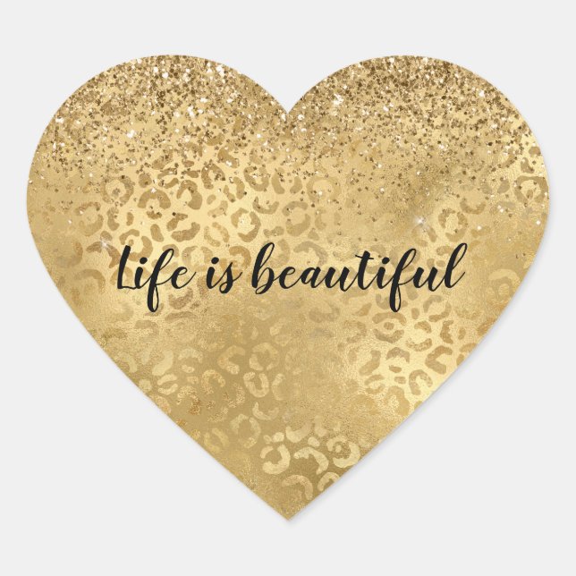 Gold Glam Glitter Leopard  Heart Sticker (Front)