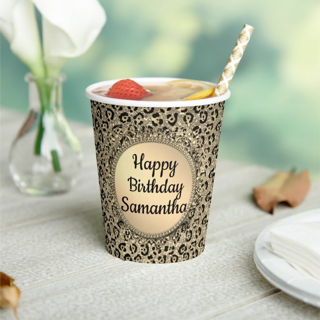Gold Glam Glitter Leopard Personalized Birthday Paper Cups (Insitu)